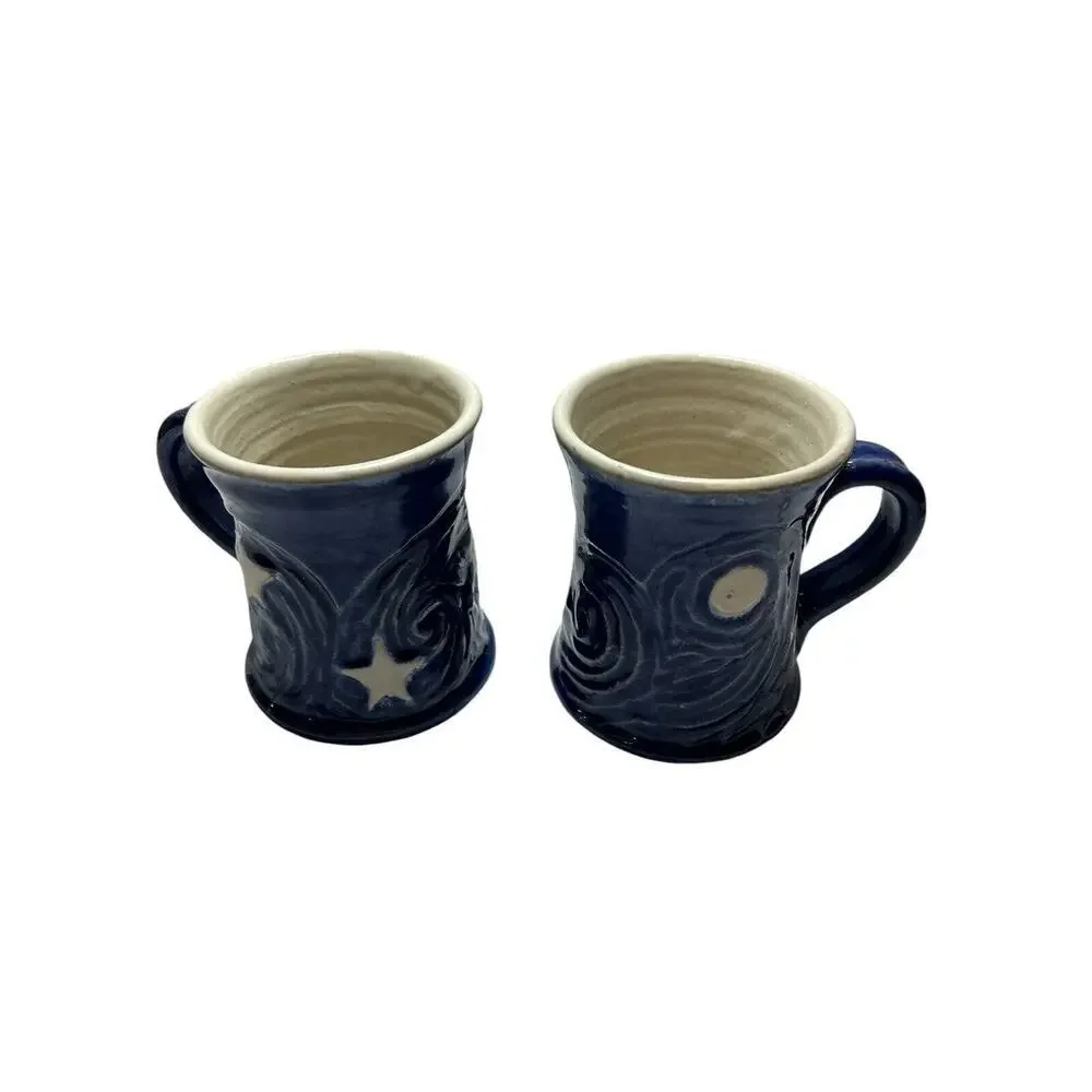 Handmade Art Ceramic Pottery Pair Of Sun And Moon Mugs Blue And White 2 Cups